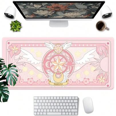 1 Tấm lót chuột lớn hình tròn ma thuật C-Ardcaptor Sakura, màu hồng pastel với cánh sao và hoa anh đào, thảm lót bàn làm việc chống trượt cỡ lớn dành cho chơi game/văn phòng, tấm lót bàn phím phong cách Kawaii Coquette dành cho người hâm mộ anime trang trí phòng.