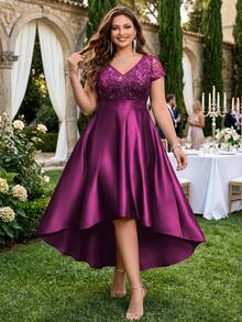 Plus V-Neck Lace Sequin Insert Contrast Satin High Low A-Line Hem Evening Party Formal Dress, Prom Dress, Wedding Guest Dress Elegant - Maroon - View 2