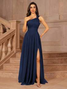Vestido formal largo para dama de honor, invitada de boda, evento, verano, San Valentín, cumpleaños, con cuello cruzado asimétrico de un hombro, espalda descubierta, falda de tul en línea A, vestidos de mujer para otoño, regreso a clases, fiesta de bienvenida, cumpleaños, primavera elegante - Azul marino - Ver 2