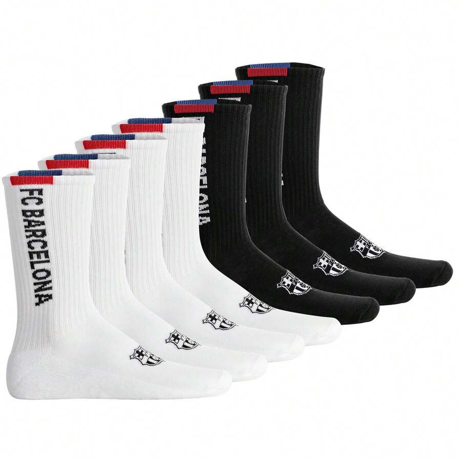 FC Barcelona Chaussettes unisexes FC Barcelone, lot de 7 - Chaussettes de tennis, logo, mélange de coton, couleur unie - Noir et Blanc - Voir 1