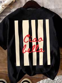 粉色 Ciao Bella 女款圓領短袖大尺碼 T 恤，高彈力面料，常規長度休閒黑色夏季款 - 黑色 - 查看 6