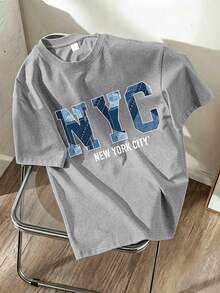 2件/套：1件「NYC」圖案短袖T恤和1件牛仔風短褲，夏季新款舒適套裝 - 灰色 - 查看 4
