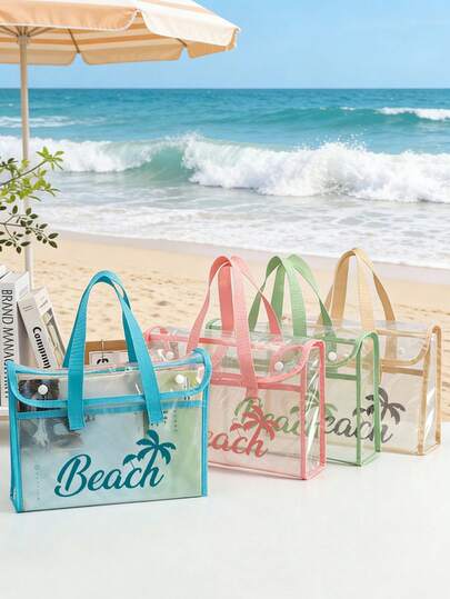 Fashionable Waterproof Pvc Colorful Coconut Tree Letter Print Beach Bag, Women's Beach Bag, Must-Have For Vacation,Transparent Tote Bag