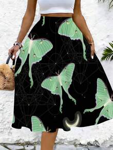 Skirts For Women Plus Size, Women's Moon Moth Print Full Skirt--Black Base With Green Pattern, Hem Design, Machine Washable, Suitable For Casual Parties, Dance Wear, And Everyday Wear - 花色 - 查看 2