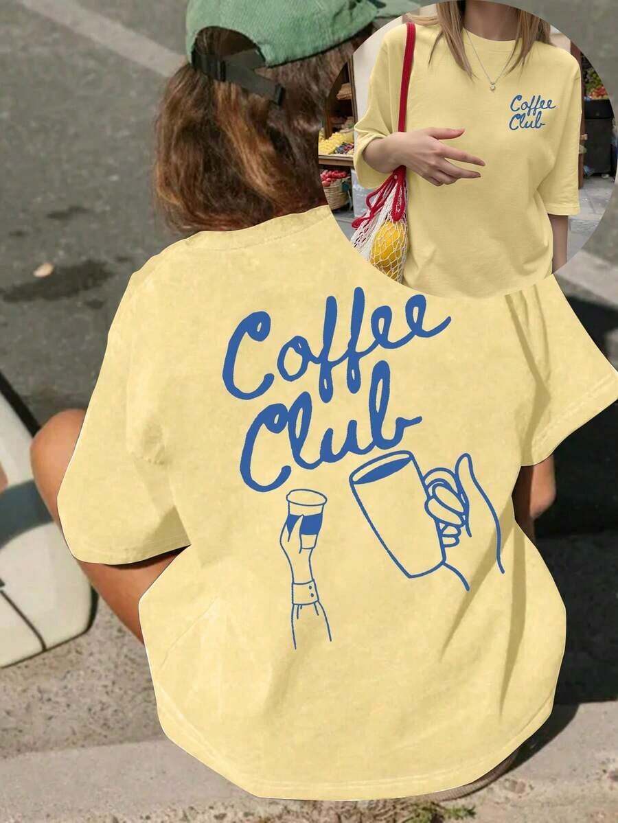 Casual Loose-Fitting Short-Sleeved Summer Blouse With A Coffee Club Print, Soft Fabric Graphic Tee For Outdoor Wear, Printed Summer T-Shirt For Women, Summer Blouse, Vacation Outfit, Travel Style, Beach Vibe, Minimalist Resort Wear - 黃色 - 查看 1
