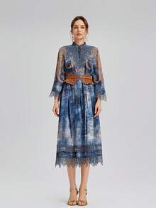 Rich Radi Q's Women's Elegant A-Line Midi Dress, Featuring Contrast Lace Trim And Woven Fabric, Minimalist Stylish Blue Pattern Design, Suitable For Women In Summer - Blue - View 5