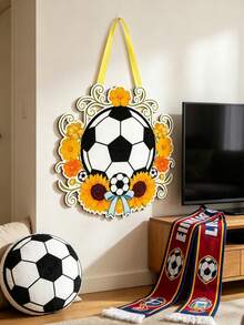 1pc/Football Wreath Color Printed Wooden Plaque, Soccer Logo Hanging Ornament, Fan Home Wall Decoration - Multicolor - View 3
