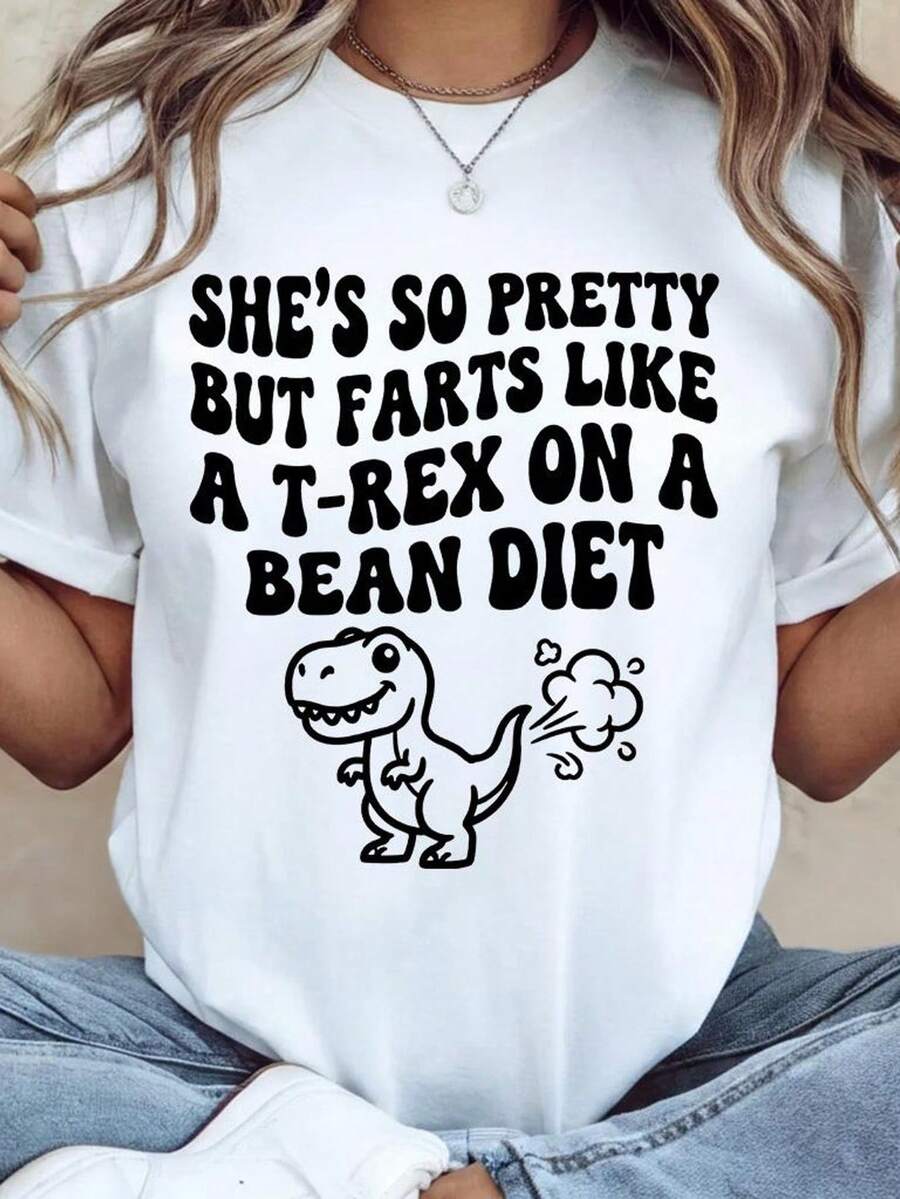 Camiseta unisex "She's So Pretty But Farts Like a TRex on a Bean Diet", camiseta para amantes de los dinosaurios, camiseta divertida con meme de dinosaurios. Camiseta unisex de algodón puro de 220 g, peso ideal para todas las estaciones, apta tanto para hombres como para mujeres. Tejido duradero de alta calidad, suave al tacto y de larga duración. Parte superior transpirable. Adecuada para mujeres en primavera y verano, vacaciones, Día de la Madre, Día de la Independencia. - Blanco - Ver 1