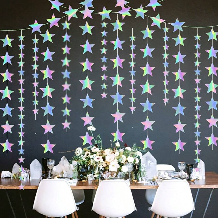 33pcs Rainbow Shiny Star Hanging Ornaments, Rainbow Sparkling Star Decorative String, Colorful Glitter Ribbon Arch Decor For Wedding, Baby Shower, Birthday, Christmas - Five-pointed Star - View 1