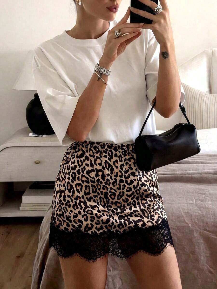 Falda evasé con estampado de leopardo y encaje en contraste para mujer - Multicolor - Ver 1