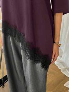 LUNE Women's Casual T-Shirt With Asymmetrical Lace Hem, Solid Color, Everyday Basics, Casual Spring/Summer Blouse For Women's Vacation, Summer Vacation For Women, Spring For Women, Spring Vacation, Beach Top - 波爾多 - 查看 2