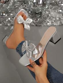 New Versatile Transparent Slippers Women Sexy Bow Decor Sandals Summer Fashion Open Toe High Heel Mules - Silver - View 1