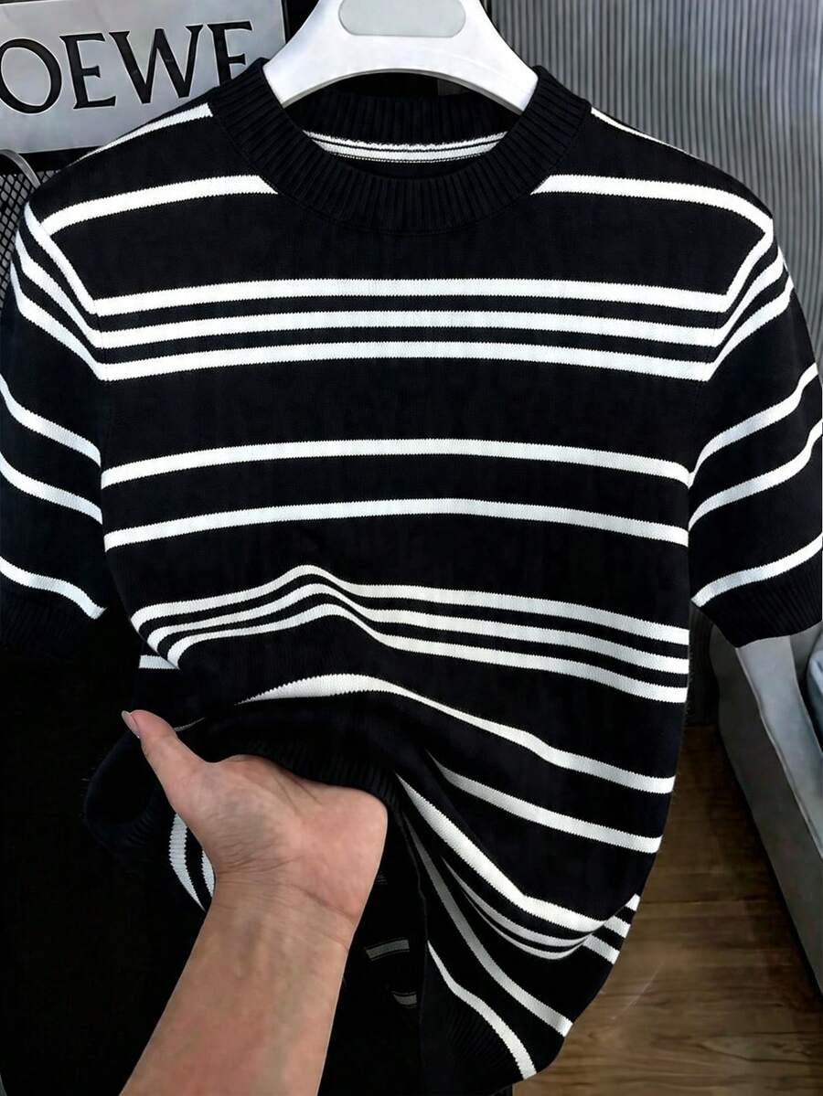 Men's Casual Versatile Solid Color Short Sleeve Knit Top, Suitable For Daily Wear And Commuting - Black - View 1