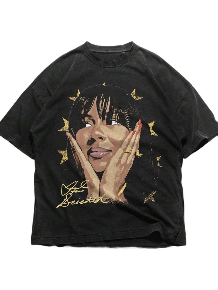 Men's And Women's Hip-Hop T-Shirt, Mariah Scientist Rapper, Classic Women's T-Shirt With Free Thugs Print, Crew Neck, Short Sleeve, Y2K Vintage Streetwear Style, YAYH Women's Oversized Cotton Graphic T-Shirt - 軍綠色 - 查看 1