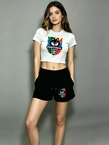 2026 World Cup Themed Graphic Print 2 Piece Outfit, Y2K Crop Top & Drawstring Shorts Set, Casual Streetwear Loungewear For Women - 灰色 + 黑色 - 查看 2