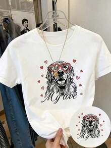 Camiseta de manga corta de talla grande para mujer - Corte holgado, estilo casual básico, elegante top de poliéster, camiseta de manga corta con estampado frontal - Golden Retriever, gafas en forma de corazón - Camiseta estampada de primavera/verano para mujer, artículo de moda, versátil y casual, transpirable y cómoda. - Blanco - Ver 1
