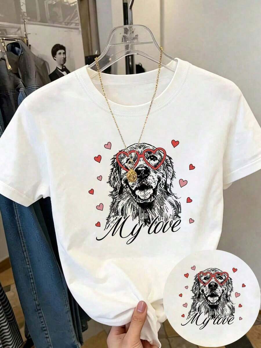 Camiseta de manga corta de talla grande para mujer - Corte holgado, estilo casual básico, elegante top de poliéster, camiseta de manga corta con estampado frontal - Golden Retriever, gafas en forma de corazón - Camiseta estampada de primavera/verano para mujer, artículo de moda, versátil y casual, transpirable y cómoda. - Blanco - Ver 1