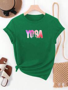 Camiseta de manga corta para mujer, moderna y minimalista, modelo No. 66 con diseño de yoga, informal para el verano, para uso diario. - Verde - Ver 1