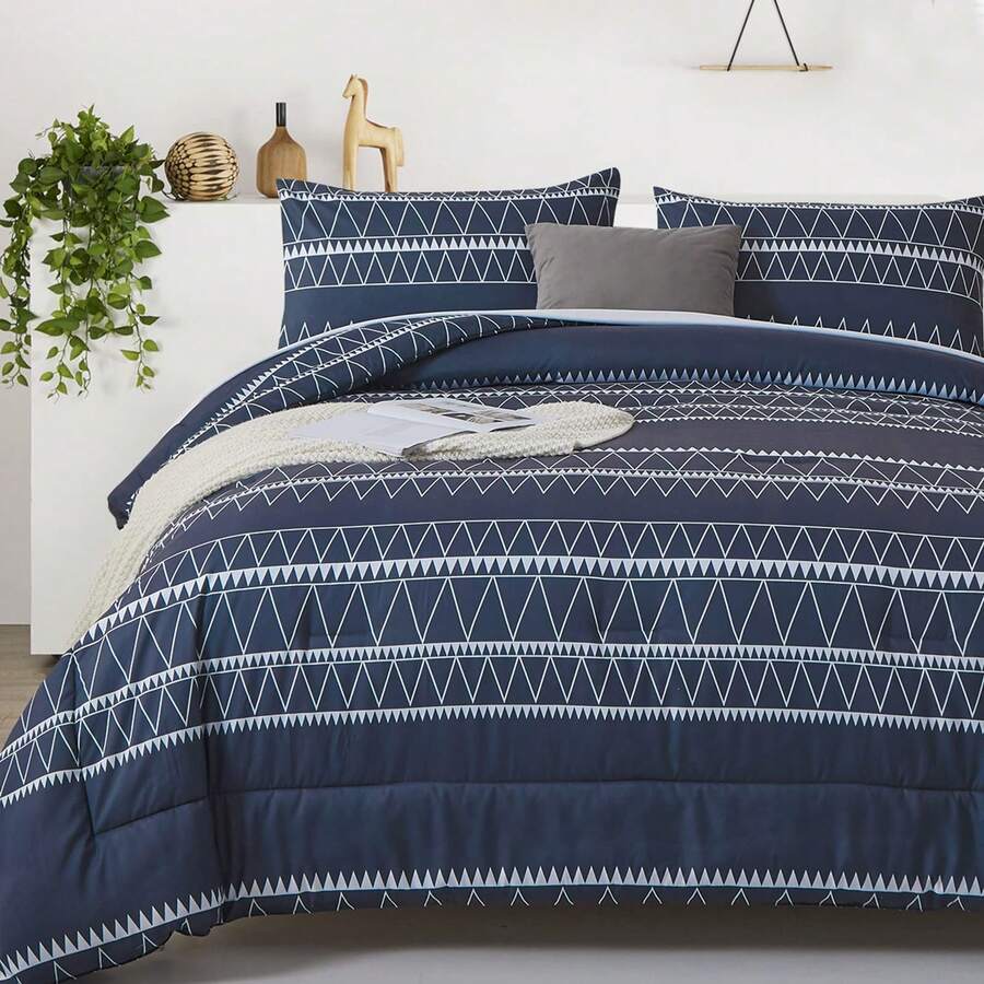 Juego de edredón de 3 piezas estilo boho geométrico a rayas, tamaño individual, matrimonial, queen y king size, estilo patchwork, suave, de microfibra reversible, para cama queen y king size (1 edredón + 2 fundas de almohada), juego de ropa de cama de microfibra suave WONGS BEDDING - Azul Marino - Ver 1