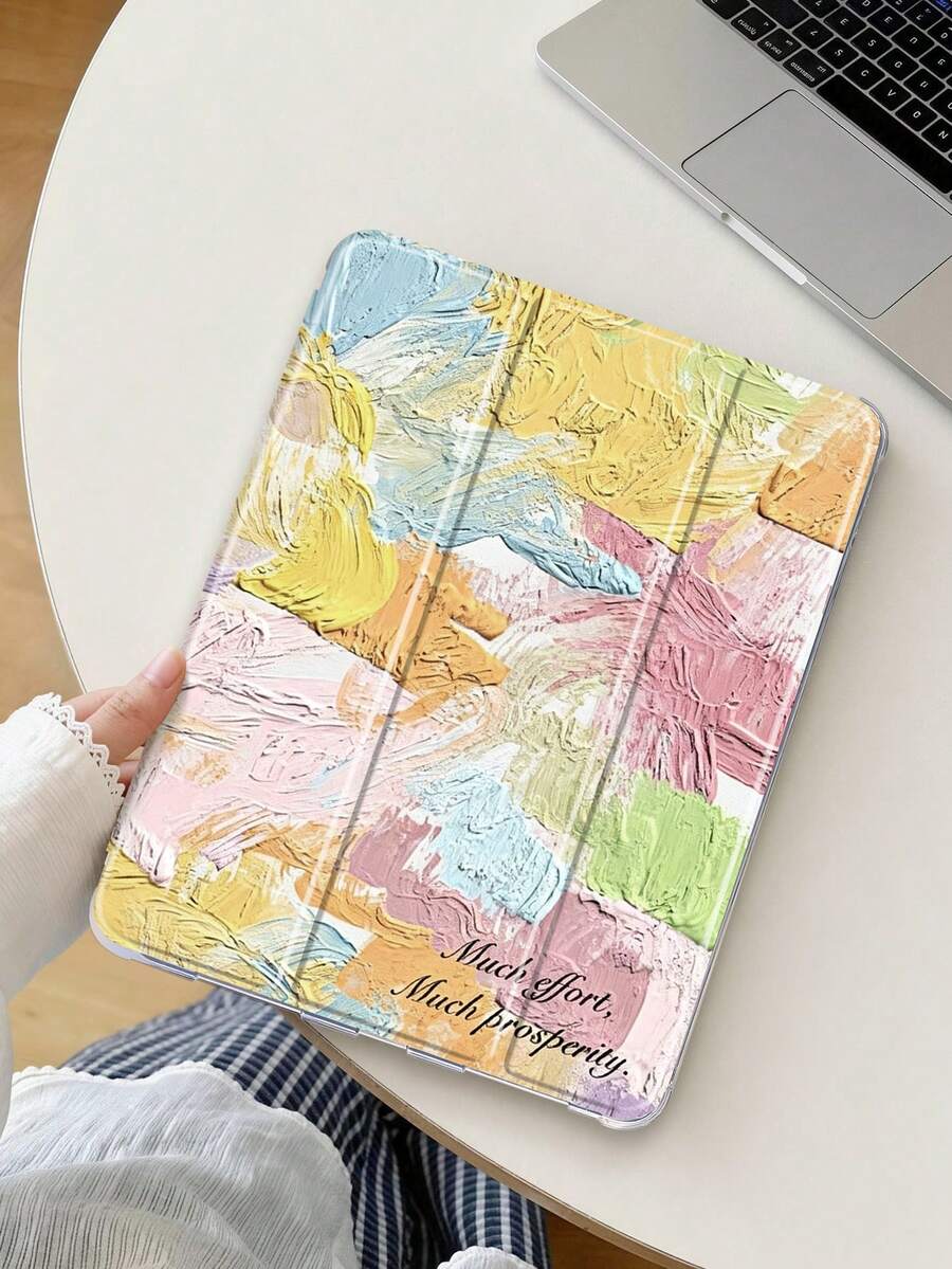 Colorful Painting Texture Letter Pattern Tablet Case, Compatible With IPad Mini4/Mini5/Mini6/Mini7/Air/Air2/9.7/10.2/10.5/Air4/Air5/10.9/Pro 11-Inch/10th Gen/ Air 11-In.(M2)-2024/ Pro11-In.(M4)-2024/Air 11-Inch (M3) 2025/ (A16) 11 Inch 11th Generation 2025/ Air 8(M4)2026(11-Inch), Galaxy Tab A8 10.5 Inch 2022. Not Including Stylus, With Built-In Stylus Slot, 3-Fold Stand, TPU Soft Edge Protection Against Drop And Wear, Magnetic Sleep/Wake, Unique/Creative/Fun/Personalized/High-End Tablet Case. - Multicolor - View 1