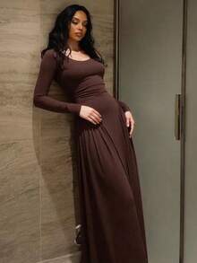New Autumn Winter Collection Solid Color Dress French Style U-Neck Long Sleeve Dress With Ties Fitted Waist Elegant Sophisticated European Fashion For Women - 咖啡 - 查看 6