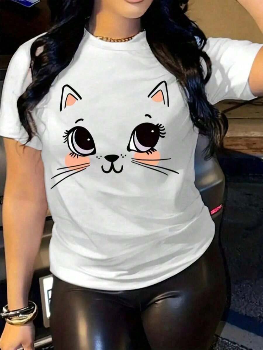 Soft 100% Cotton T-Shirt, Women's Short Sleeve White Casual T-Shirt, Round Neck, Regular Length, Cat Print, Breathable Cotton T-Shirt, Goes With Everything, Great. - 白色1 - 查看 1