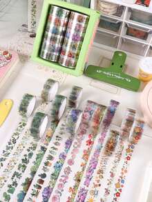 12 Rolls/Box Floral And Plant Pattern Transparent Tape Set, Creative Gold-Foil Pattern Fashion Masking Tape, Used For Envelope Cards And Gift Box Packaging Decoration, Scrapbook Decoration - Multicolor - View 5