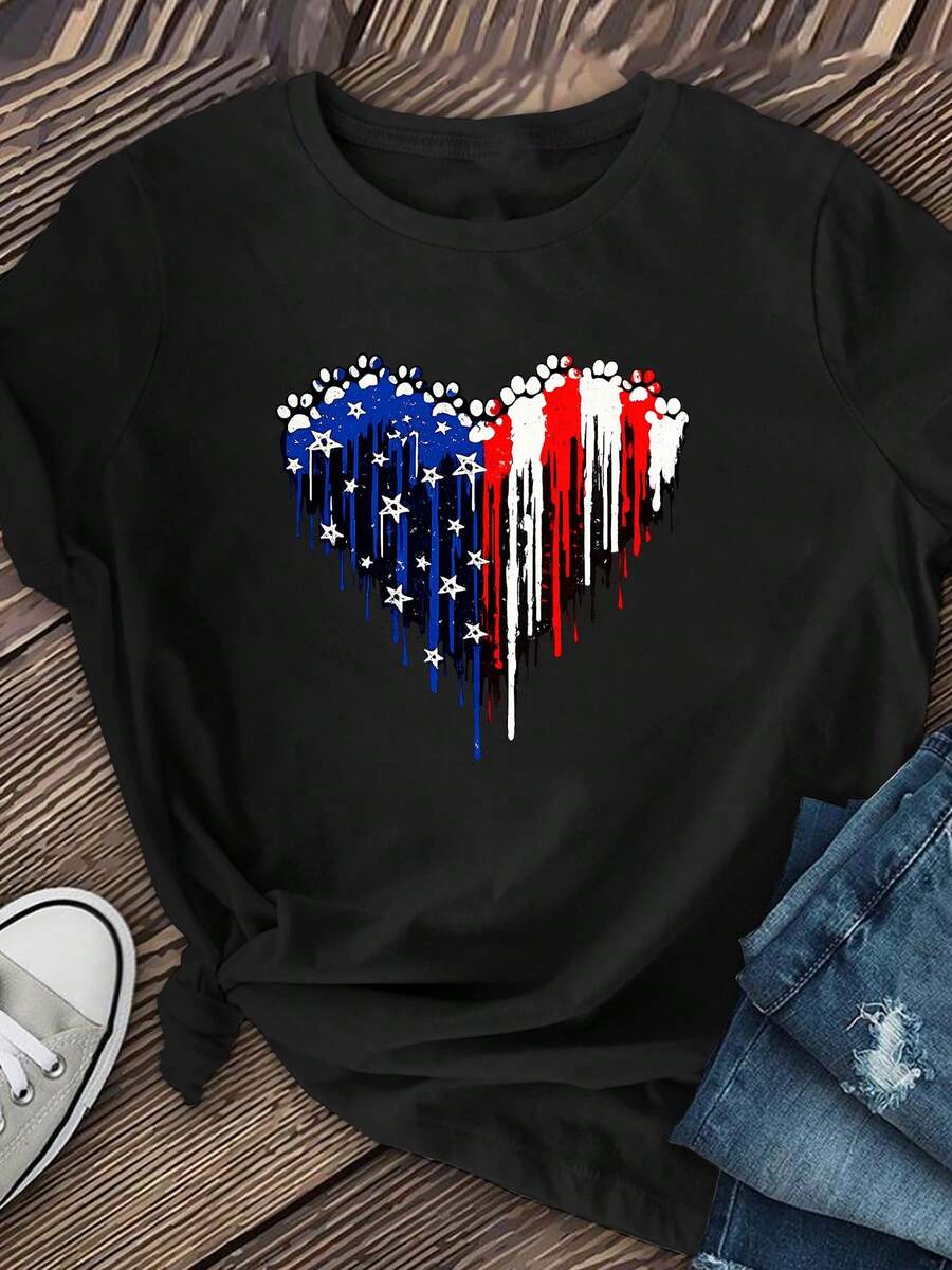 Women's Casual Short-Sleeved T-Shirt With A Patriotic Heart Print, Regular Length. Suitable For: Home, Gatherings, Vacations, School, Parties, Etc. A Versatile Wardrobe Staple That Can Be Layered With Other Clothing. Great Gift Idea. - 黑色 - 查看 1