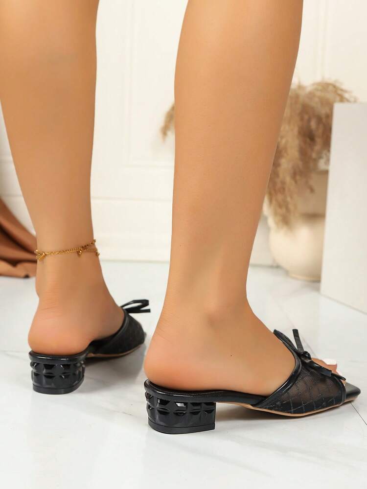 Plus Size Summer New Soft Leather Square Toe Sandals, Elastic Band Slip-On Casual Chunky Heel Thong Sandals, Women Mesh Bowknot High Heel Sandals - Black - View 5