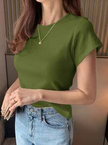 Camiseta básica de mujer de cuello redondo de unicolor de manga corta, blanca, para primavera/verano, de estilo casual de oficina - Verde - Ver 3
