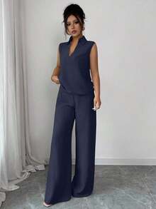 Set de 2 piezas de top sin mangas de cuello en V y pantalones rectos con decoración de cinturón holgado, de estilo casual y versátil para mujer, para primavera/verano - Azul marino - Ver 4