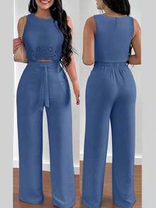 Conjunto de 2 piezas para mujer compuesto por top de tirantes escote en V elegante y pantalones rectos, diseño con lazo hueco - Azul - Ver 4