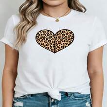 Women's Sexy Casual Cotton Leopard Print Heart T-Shirt with Short Sleeves and Round Neckline, High Stretch Regular Fit Top - Blanco - Ver 1