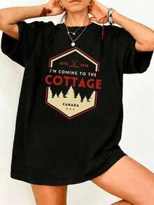 Camiseta de Algodón PremiumLya And Shane con Estampado Vintage de Cabaña, Diseño 'I'Coming To Cottage Canada', Ecológica - Negro - Ver 1