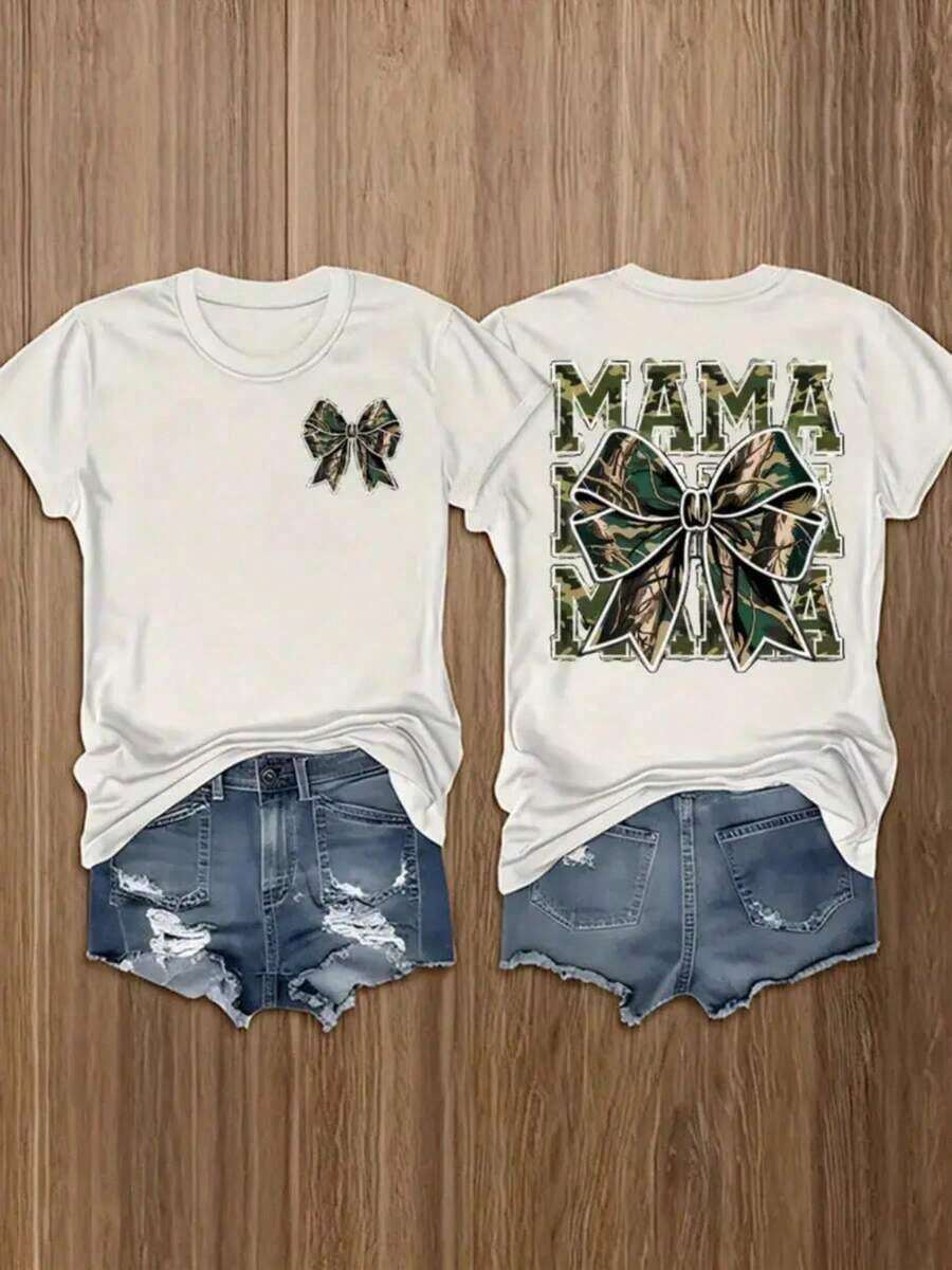 GiftCamiseta de Mujer de Doble Cara con Estampado [Diseño de Doble Cara], con un patrón de lazo de camuflaje, suave y transpirable para todas las estaciones, que absorbe la humedad y el sudor, ¡una excelente opción para Navidad, Halloween y el Día de Acción de Gracias! ¡La mejor elección para regalos de mujer! - Camiseta de Manga Corta de Algodón, Cuello Redondo, Estilo Vintage Urbano Unisex. Suave - Blanco - Ver 1