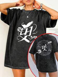 Camiseta de moda para mujer con estampado creativo de anime de estilo retro urbano, camiseta de mujer de alta calidad con efecto lavado, top vintage con aspecto desgastado, manga corta de cuello redondo y corte holgado, suave, cómoda y transpirable, ropa de mujer a la moda, exclusiva de Tingge. - Negro - Ver 1