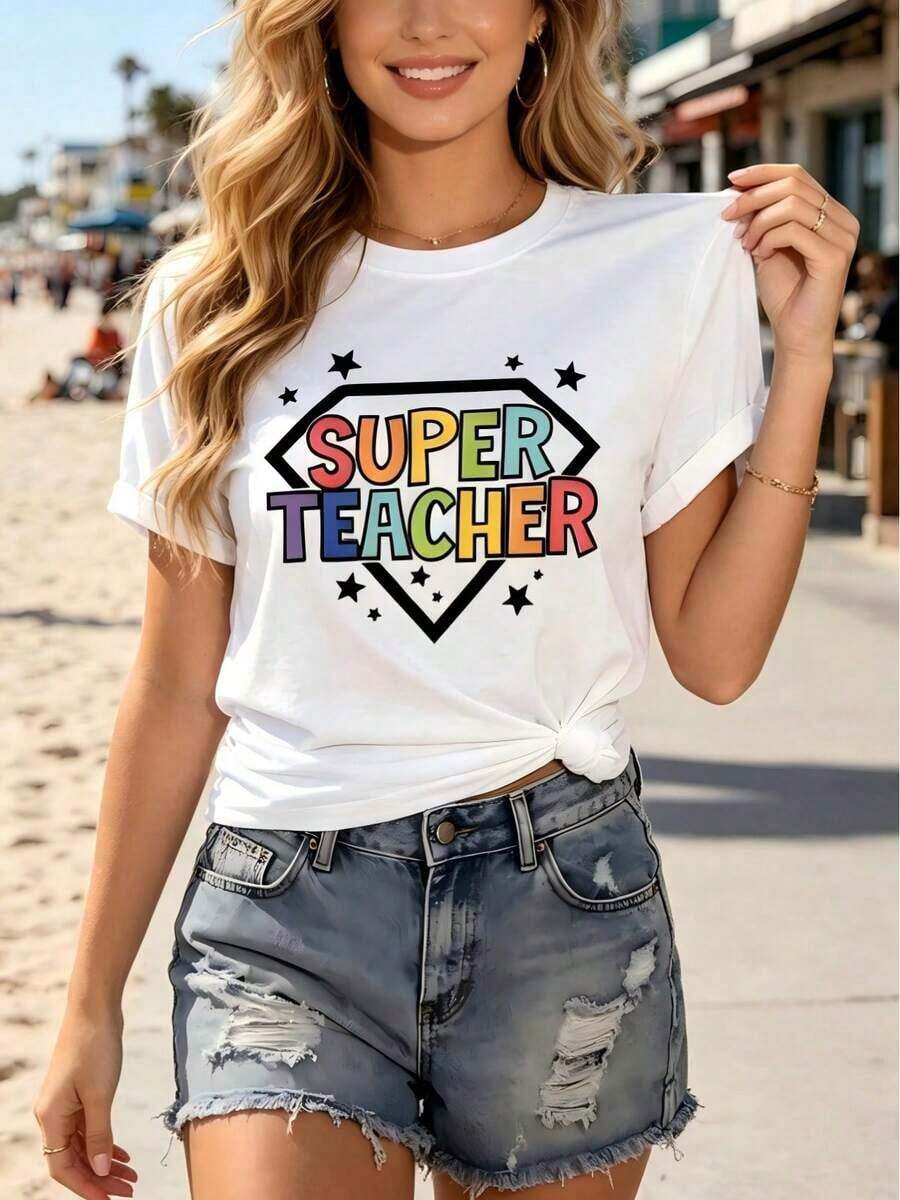 1 Piece Of Women's Graphic T-Shirt With "Super Teacher" Print, Rainbow Color Print, Round Neck, Short Sleeve, Casual Style, Loose And Comfortable, Ideal As A Gift For Teachers, For Daily And School Use, Women's Clothing For All Seasons. - 白色 - 查看 1