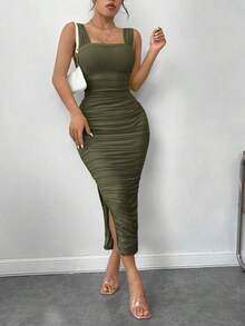 Vestido de graduación; Vestido ajustado de malla con superposición fruncida y abertura en el muslo, vestidos en tonos pastel para mujeres - Verde militar - Ver 1
