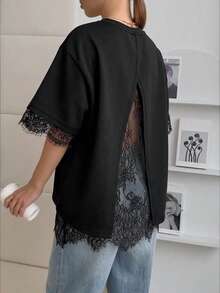 女款休閒寬鬆蕾絲拼接露背圓領短袖T恤，波希米亞風黑色夏季款 - 黑色 - 查看 6