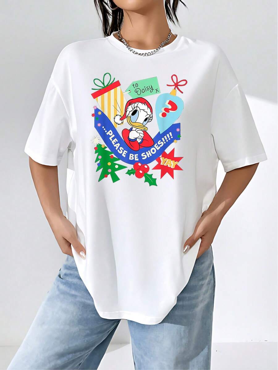 Estampado colorido con pato animado celebrando regalos de Navidad rodeado de árboles y cintas festivas que transmite alegría y espíritu navideño camiseta de mujer casual de manga corta cómoda y suave ideal para uso diario - Blanco - Ver 1