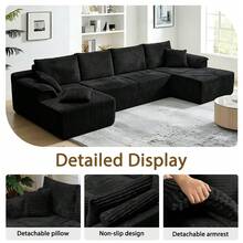 132 Inch Boneless Couches For Living Room,Plush Corduroy,Modern Modular Sectional Sofa With Double Chaise Lounge, U-Shape Cloud Sectional Couch, No Assembly Required, DIY Combination - màu đen - Xem 8