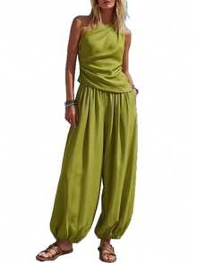 New Women's Summer 2-Piece Set, Minimalist Casual Style, Solid Color, Sleeveless Top, High-Waisted Loose Pants, Flattering, Perfect For Daytime Looks, Walks And Casual Occasions - 綠色 - 查看 6