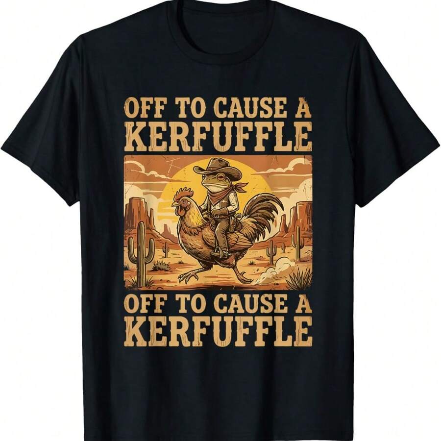 Off To Cause A Kerfuffle Frog Cowboy Chicken Funny T-Shirt - Negro - Ver 1