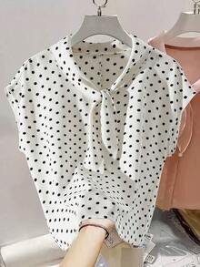 Camisa de mujer con diseño de cuello de corbata de lunares, primavera/verano - Blanco - Ver 3