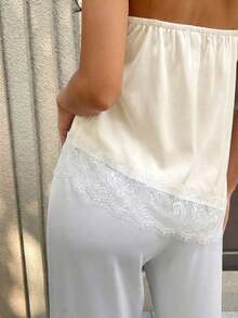 Camiseta de tirantes finos y sin mangas casual y sexy para mujer, camisola de satén con bajo asimétrico de malla, adecuada para citas nocturnas, vacaciones, despedidas de soltero y fiestas de cumpleaños en verano - blanquecino - Ver 7