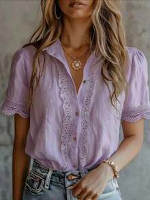 Blusa elegante de mujer con unicolor, bordado y parches de encaje, versátil para el hogar, uso diario y todas las estaciones, rosa de verano - Púrpura malva - Ver 1