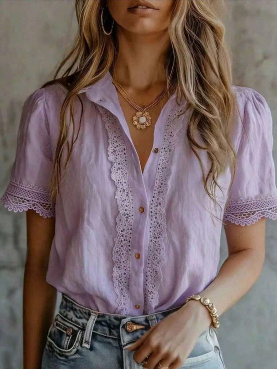 Blusa elegante de mujer con unicolor, bordado y parches de encaje, versátil para el hogar, uso diario y todas las estaciones, rosa de verano - Púrpura malva - Ver 1
