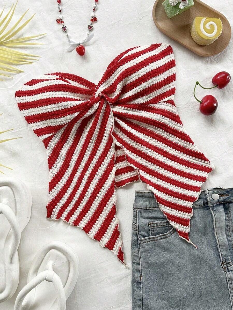 Nuevo top tubo para mujer con diseño de estampado a rayas, diseño de giro y dobladillo asimétrico antideslizante - Rojo y blanco - Ver 1