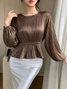 Blusa de gasa marrón con bajo asimétrico, camisa casual y elegante con cuello con volantes y manga larga, adecuada para citas, bodas y vacaciones - Marrón - Ver 2