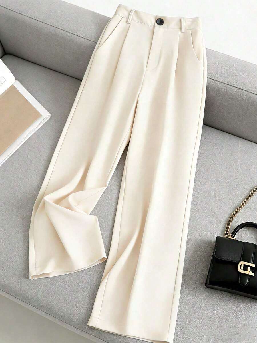Pantalones casuales de mujer de unicolor con bolsillo oblicuo y pliegues - Beis - Ver 1